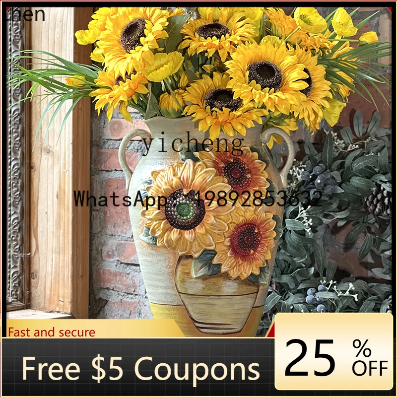 L3-20   painted sunflower ceramic dried flower flower arrangement creative home ornament living room soft light art