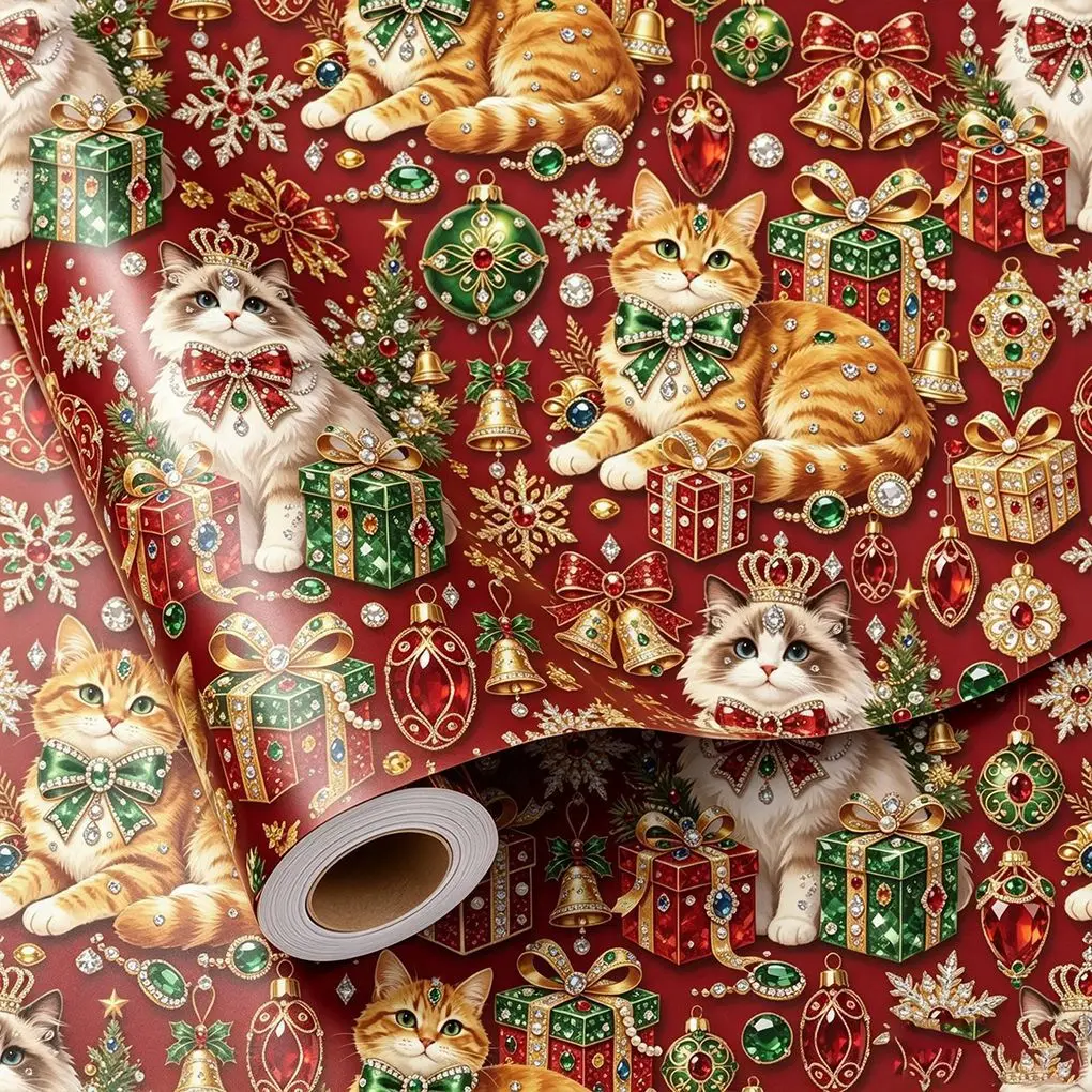 1 Roll Christmas Cat Wrapping Paper 43*500cm, Gem Tree Star Print Gift Wrap for Gift Box Holiday DIY Crafts
