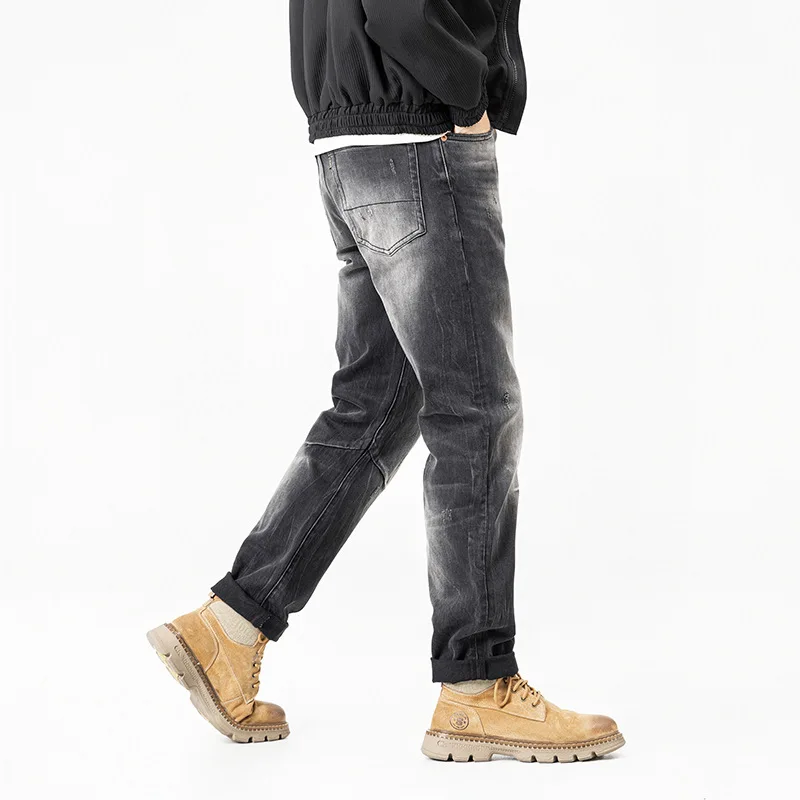 Retro black and gray jeans men 2025, with a scraped and polished white design, straight leg elastic pants