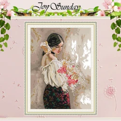 Joy Sunday Maiden with Flowers Patterns Counted 11CT 14CT 16CT Stamped DMC Cross-stitch Kit Embroidery Needlework Set Home Decor