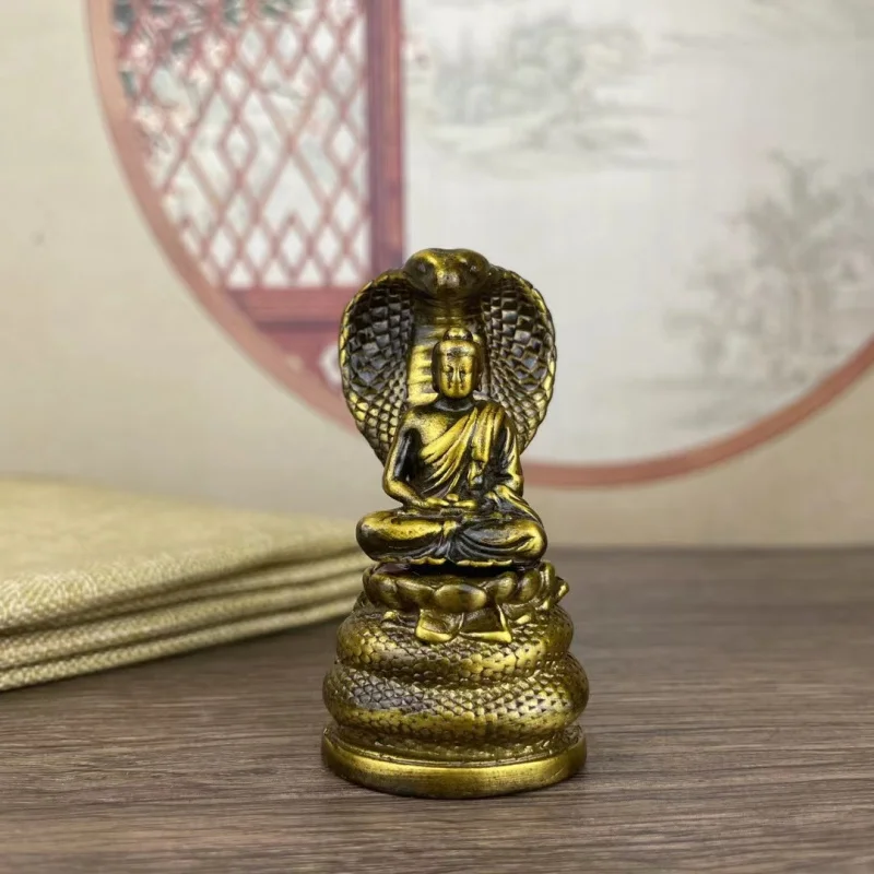 Bronze Shakyamuni Buddha Figurine with Snake Head, Cobra Zodiac, Rain Cover, and Protective Amulet for Car Decoration