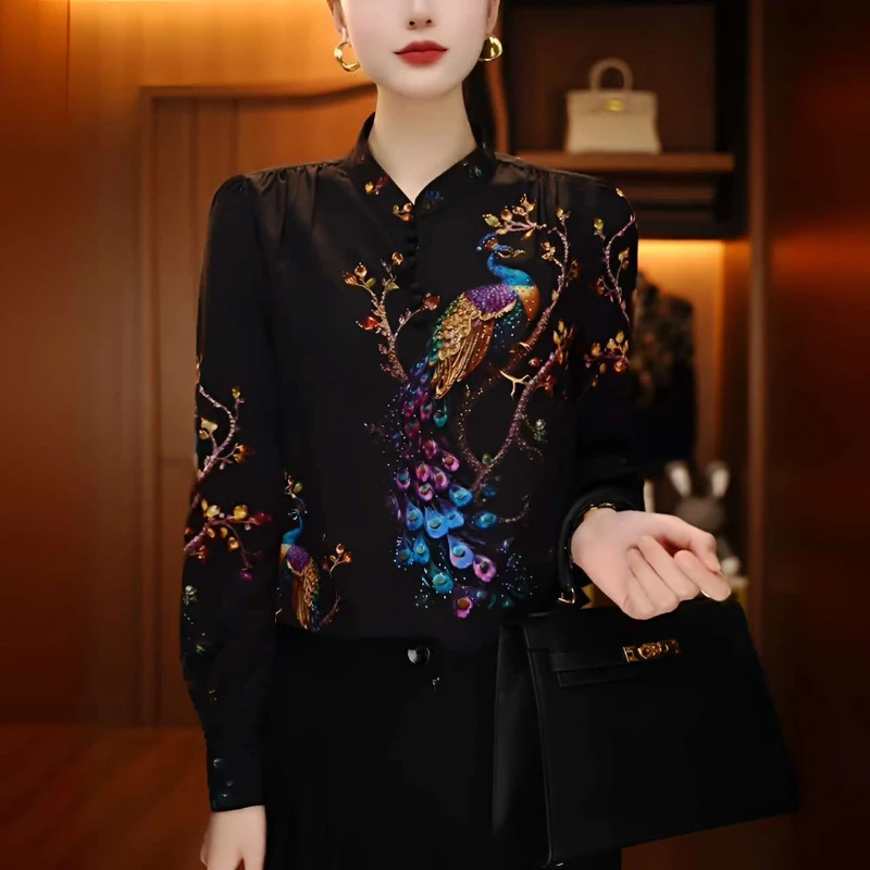 

Ladies Outfit Original Birds and Blossoms Western and Versatile Classic Printed Light Luxurious Fashion Age-Reducing Tops