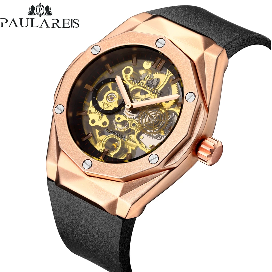 Men's Automatic Skeleton Self Wind Mechanical Rose Gold Silver Black Case Rubber Strap Sports Watch