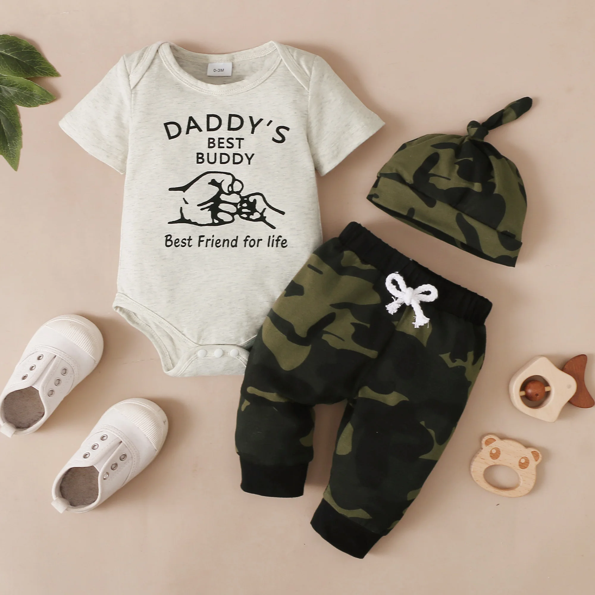Newborn Baby Boy Set Daddy Baby Letter Printed Camouflage Pants and Hats 3Pcs/Set for 0-18 Months Boys Summer Camouflage Set