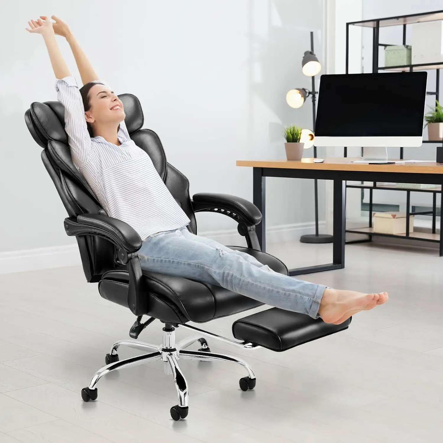 Office Chair with Footrest, Ergonomic High Back Design Executive Computer Desk Chair with Removable Lumbar Pillow, 90-135°Reclin