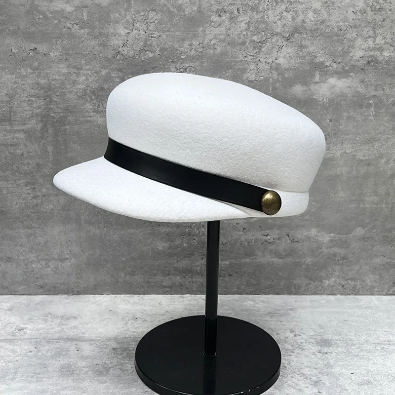 Women's Wool Derby Hat | Structured Short Brim & Flat Top | Face Slimming with Leather Strap | Autumn Winter Fashion
