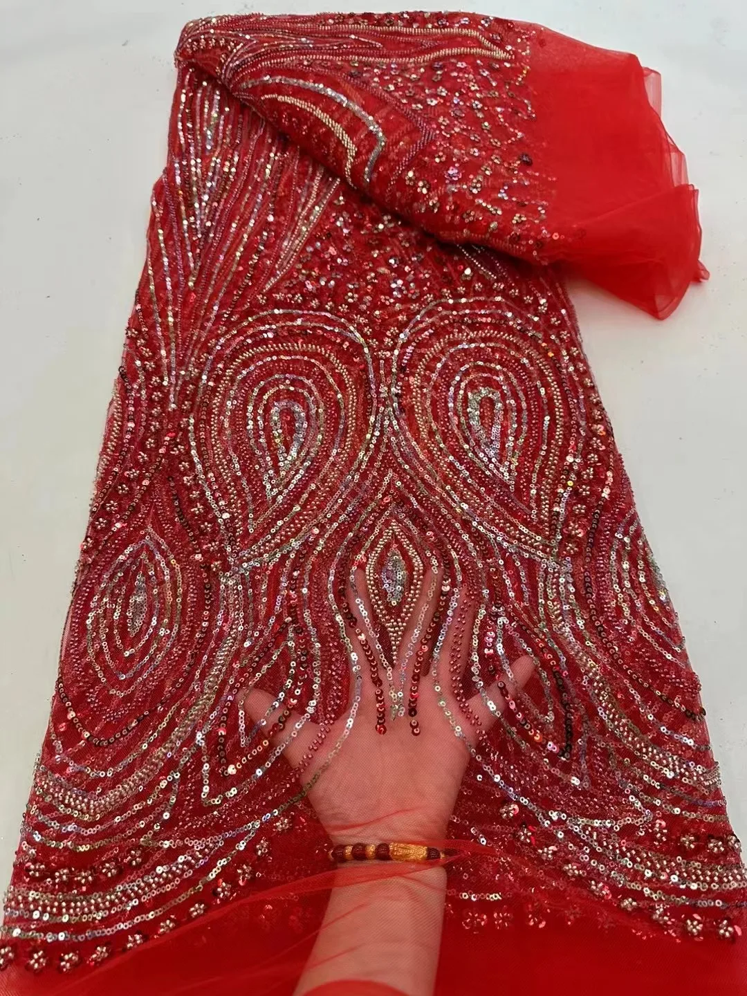 Luxury  RED African Groom Sequins Lace Fabric High Quality 2024 French Embroidery Beads Tulle Lace Nigerian Wedding Dress