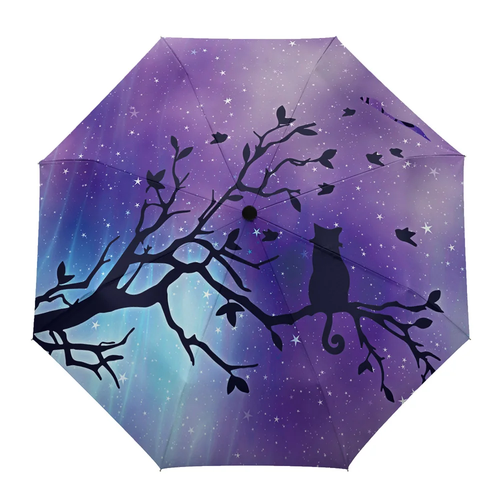 Night Sky Cat Branch Silhouette Creative Umbrella Rain Women Automatic Three Folding Umbrellas Windproof Parasol Parapluie