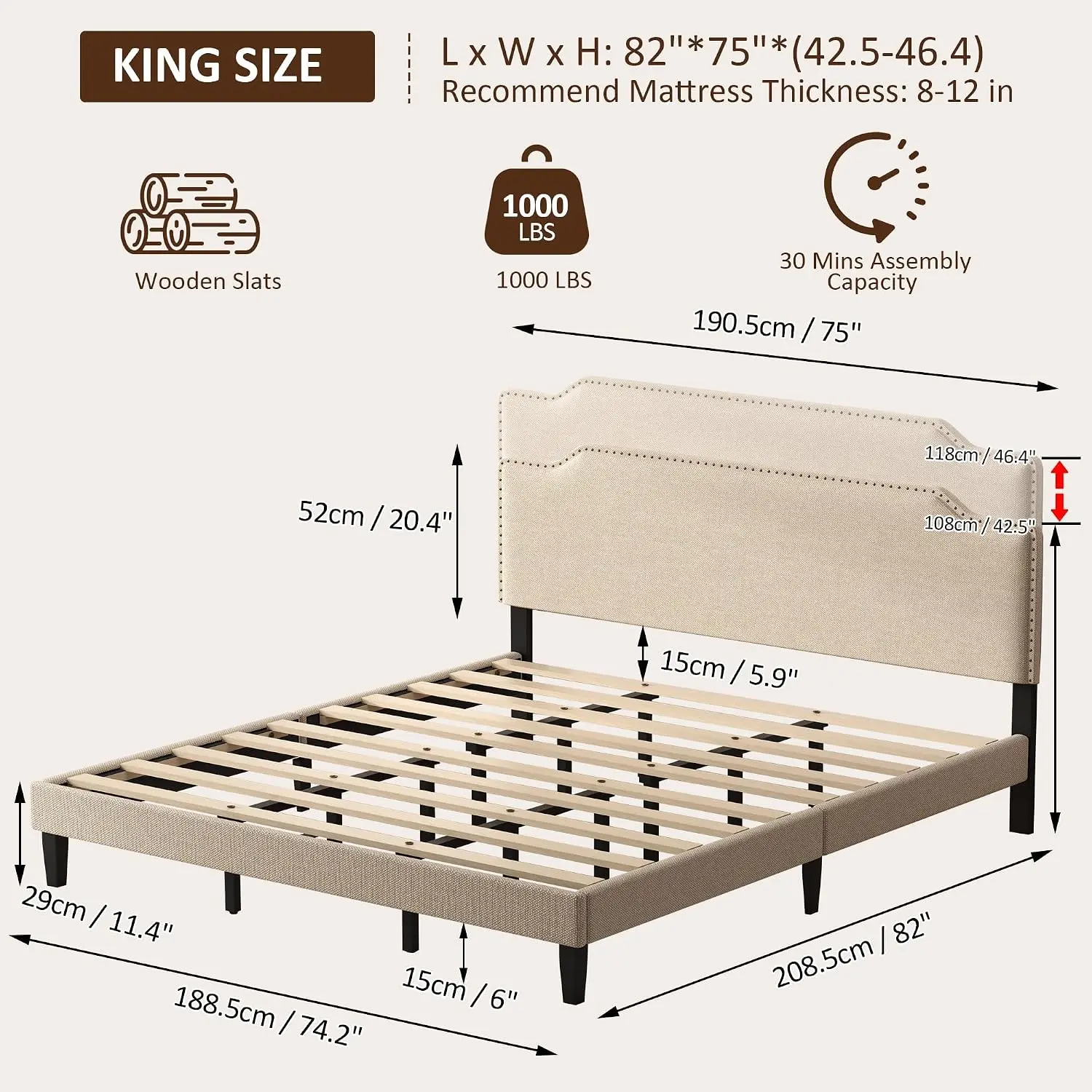 King Bed Frame Upholstered Adjustable Headboard Wood Platform Linen Studded Slats No Box Spring, Customized