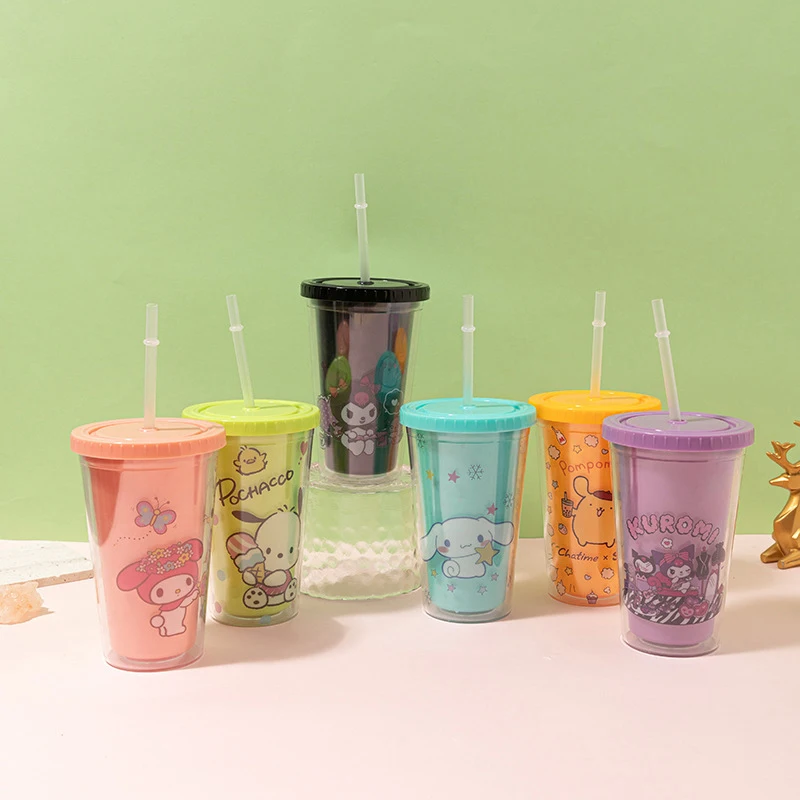 1PC Sanrio Kuromi Cinnamoroll Double-Layer Plastic Water Cup Kawaii Anime Water Bottle Portable Sport Mug Straw Cup Winter Gifts