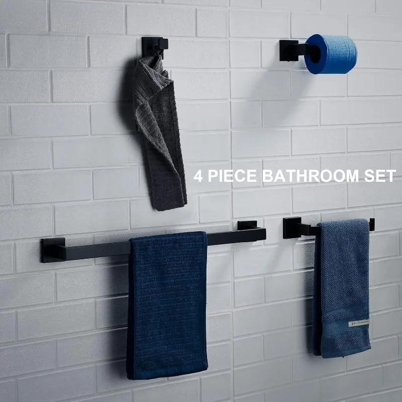 Matte Black Bathroom Accessories Set, 4-Piece Wall Mounted Towel Bar Set Towel Racks for Bathroom Heavy Duty,