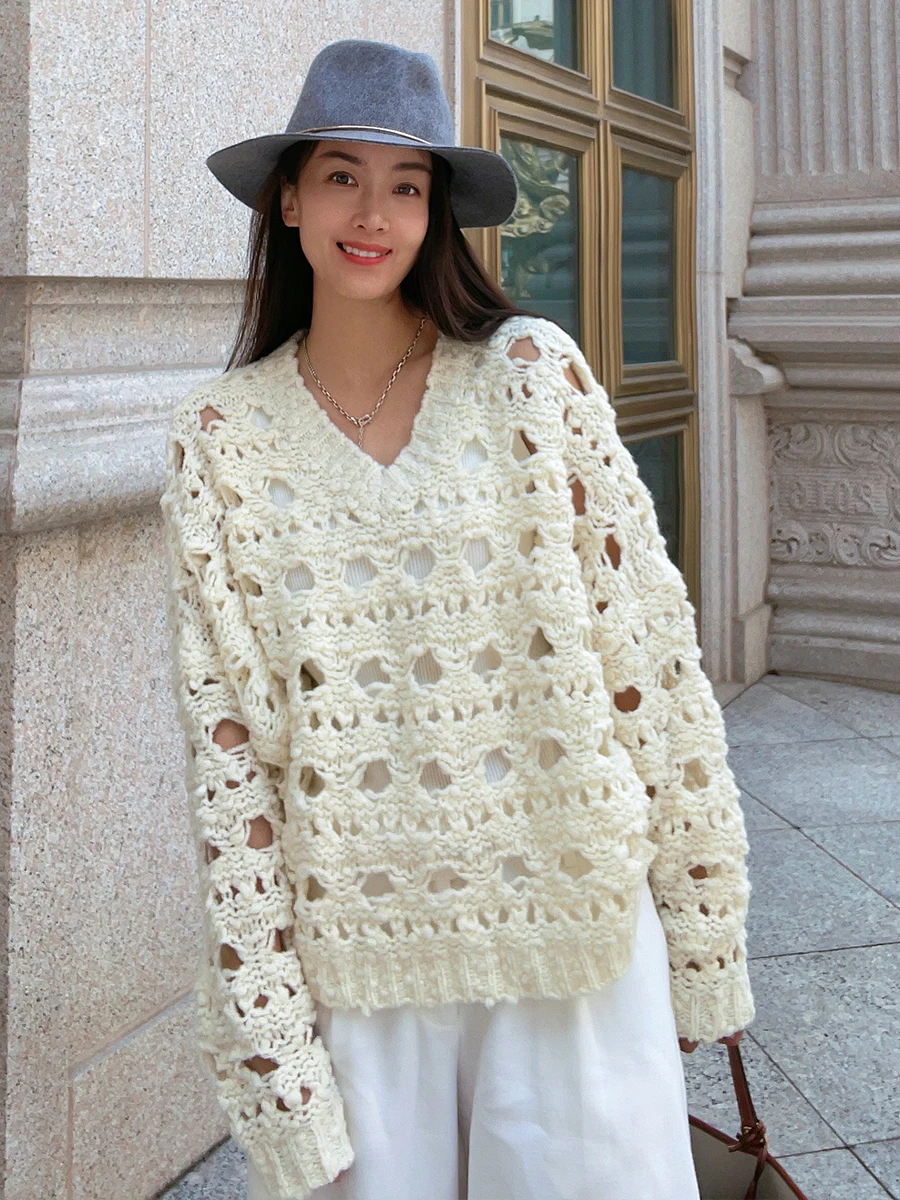 

Navy Keys Special Wool Yarn Hollow Design Sle Sweater New Sle Knitwear V-ne Long Sve Regular Thin Pure Color