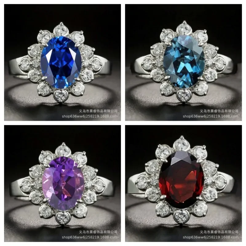 Rings for Women Peacock Blue Purple Pomegranate Ruby Petal Shape Copper Fashion Elegant Trend Popular Niche Design