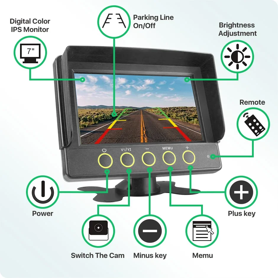 7 Inch 2CH IP69 Waterproof Dustproof AHD Rear View DVR Monitor Backup Camera For Truck RV Van Agricultural Construction Vehicle