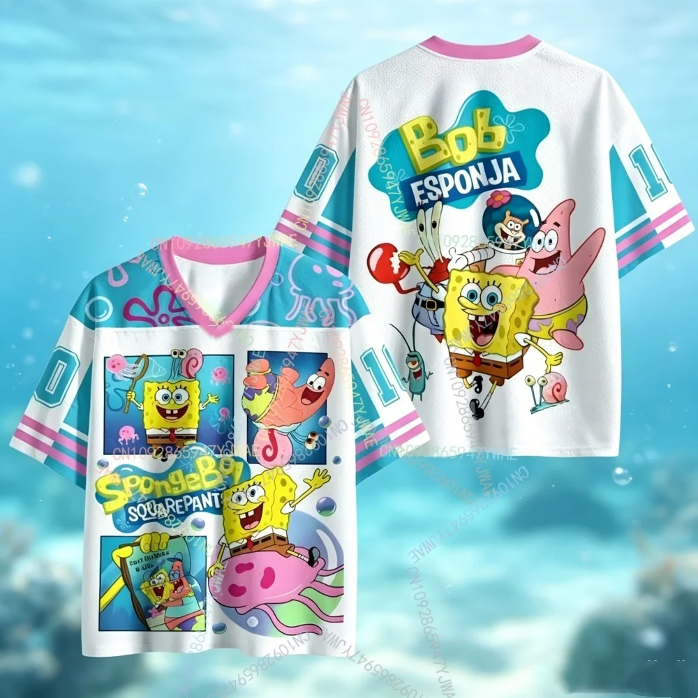 T-shirts imprimés Bob l'éponge pour garçons et filles, pour femmes et hommes, col en V, patchwork, manches courtes, maillot de football, t-shirt enfant-parent