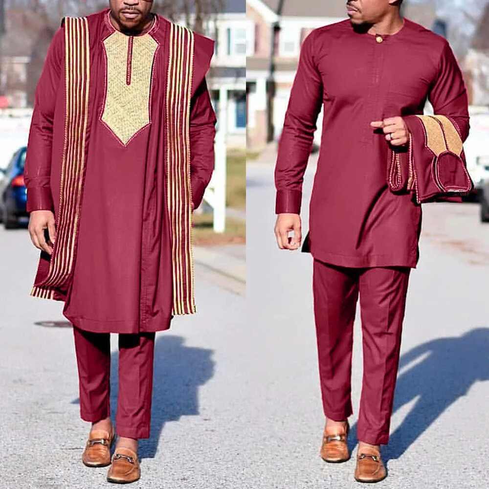 H&D Afrikaanse Agbada Pak Voor Mannen Geborduurde Gewaden Dashiki Cover Shirt Broek 3 STUKS Set Boubou Africain Homme Musulman Ensembles