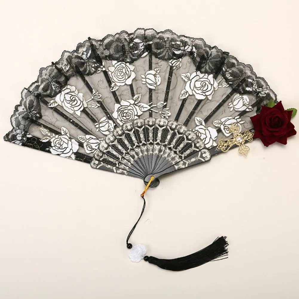 Lace Hand Fan Portable Hand Fan Elegant Vintage Lace Folding Fan with Feather Accents for Summer Parties Dance Performances