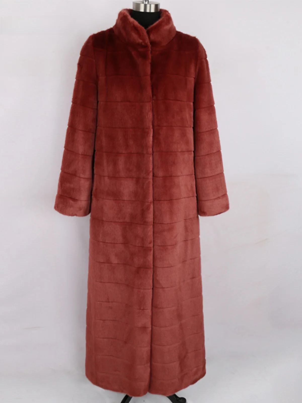 Nerazzurri Women's Long Length Stand Collar Fur Coat Simulation Mink Striped Eco Friendly Outerwear Korean Style Spring 