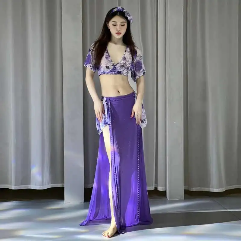 

Original Belly Dancer Costume Set for Women Short Sleeves Top+skirt 2pcs Performance Suit Girl's Belly Dancing Practice Outfit