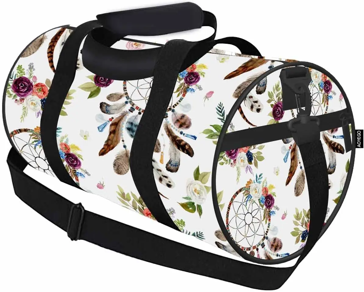 Dreamcatcher Flowers Sports Duffle Bag Watercolor Ethnic Boho Floral Men Women Weekender Bag for Traveling Gym Bag Shoulder Bag