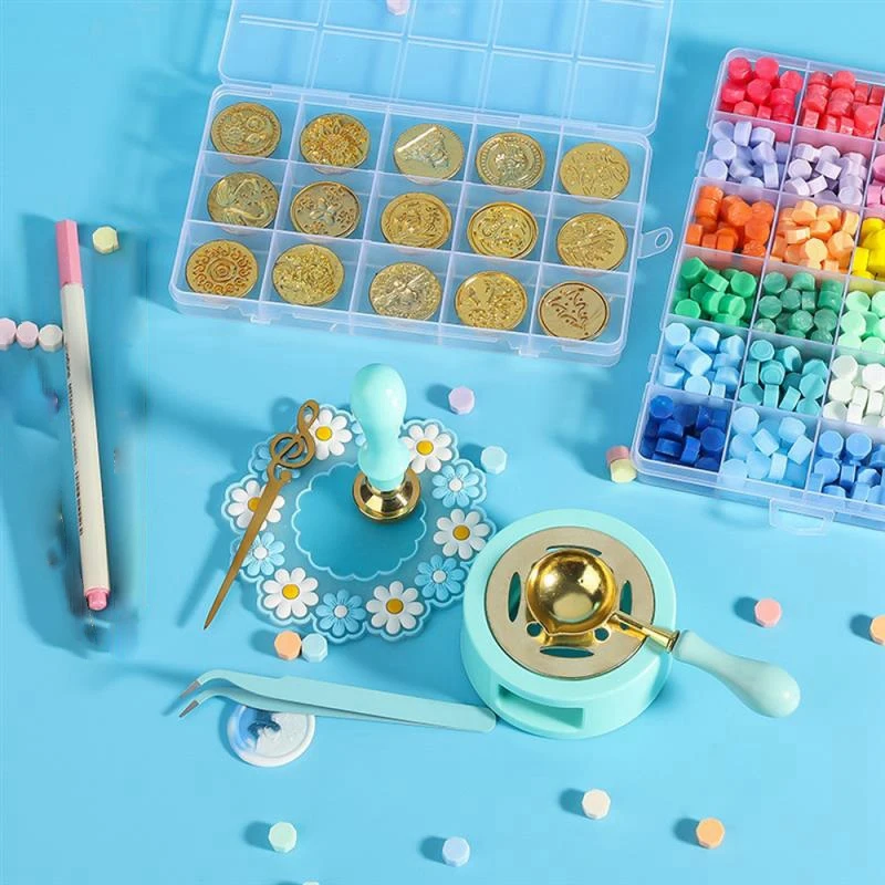 Wax Seal Stamp Kit 17Pcs, Heater, Coloring Pen, Perfect Decoration for Wedding Invitations for Gift and Craft, Blue-A13G