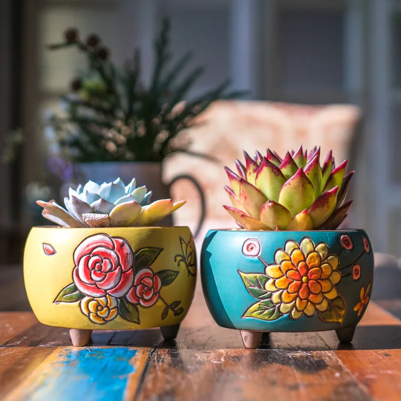 Creative Rustic Ceramic Vase Hand-painted Ceramic Vase with Vintage Style and Big Caliber for Succulent Plants