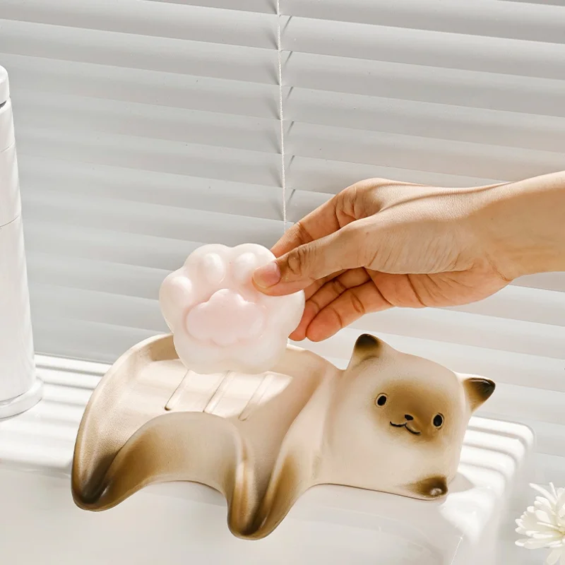 WHYOU Ceramic Cat Soap Dish Holder Drain Portable Home Bathroom Hotel Soap Box Tray Bathroom Accessories Crafts Gift