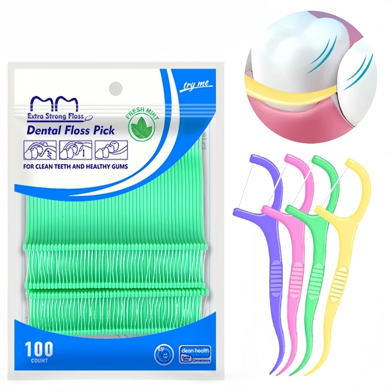 100pcs Fruit Flavor Dental Floss Stick Fresh Breath Plaque Removal Ultra Fine Toothpick Multi-function Oral Hygiene Care Tool