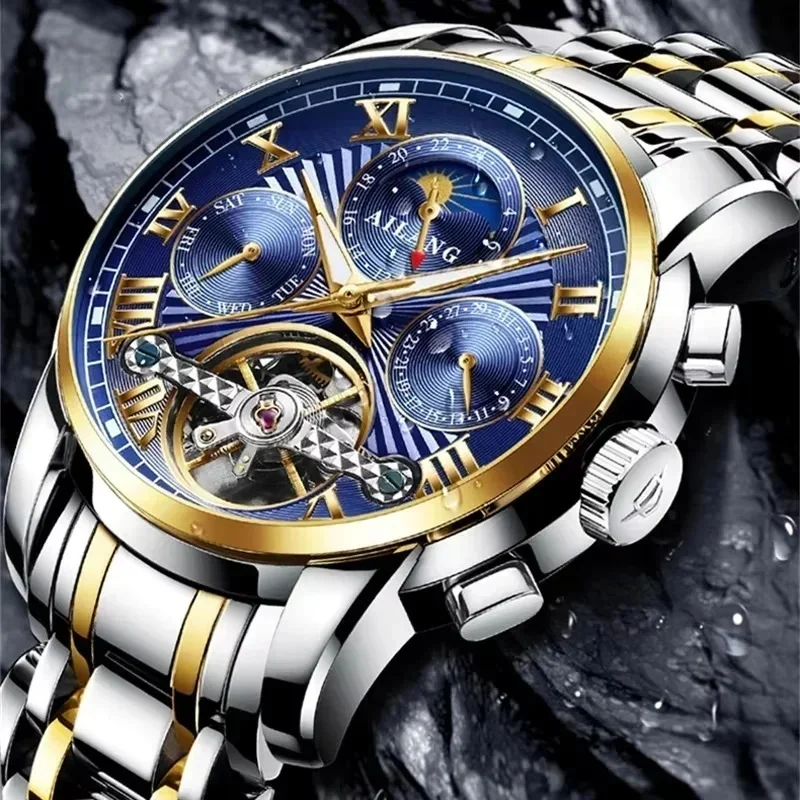 AILANG-8508 Starry Sky Stainless Steel Leather Watchband Rotating Double Second Hand WristWatch Men Automatic Mechanical Watch