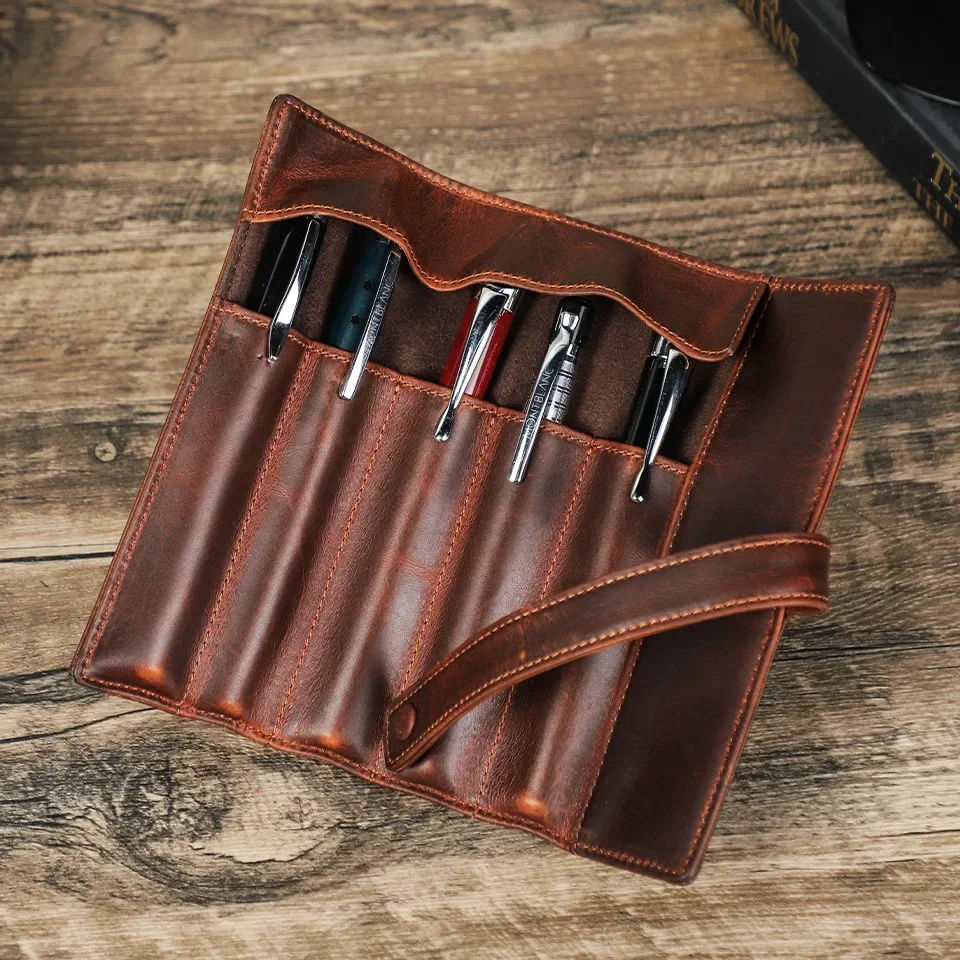 Leather Fountain Pen Case 5 Slots Luxury Bag Fountain Pencil Organizer Collect Retro Box Office School Stationery Supplies Items