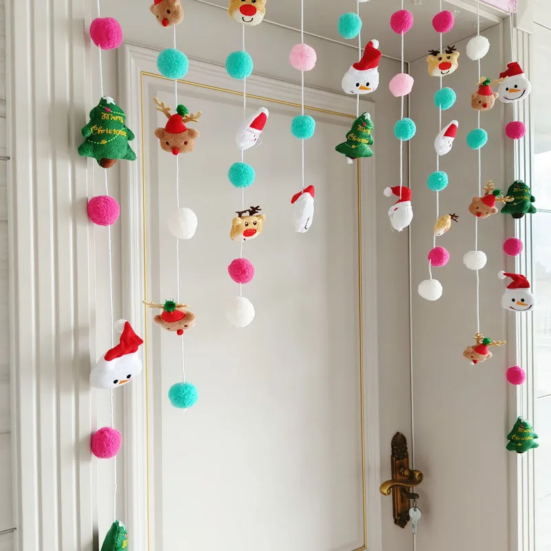 Korean Style Christmas Plush Balls Tassel Door Curtain Xmas Festive Decor for Kitchen Bedroom Living Room Girls