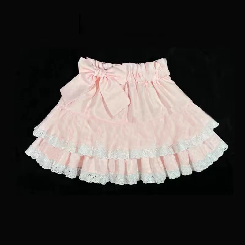 Sweet Lolita Pink Cake Skirts Women High Waist Kawai Bow Lace Ruffles Pleated Mini Skirt Japanese A-Line Y2k Short Faldas