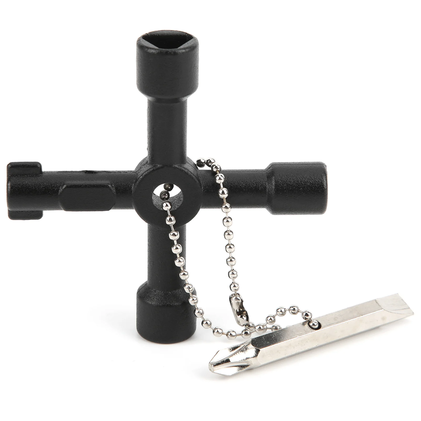 New Black Cross Key Wrench Metal 4-Way Universal Valve Key Compact With Beaded Chain Screwdriver Bit Key for Water Meter
