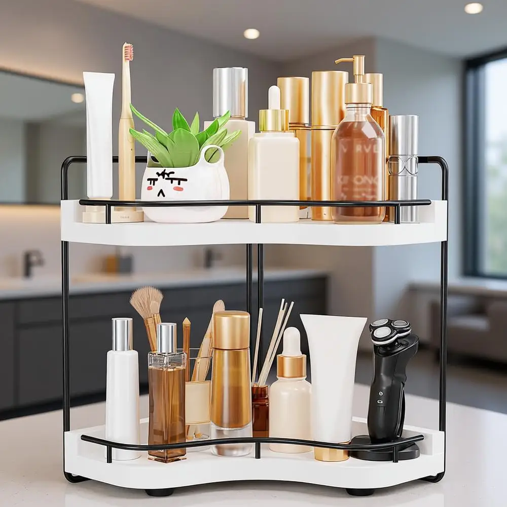 

Space-Saving Corner Bathroom Counter Organizer, White Wood Vanity Shelf for Makeup and Skincare, Secure & Stable Storage Solutio