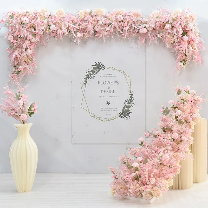 New Pink Wedding Scene Floral Arrangement Flower Hotel Wedding Banquet Arrangement Background Wall Decoration Welcome Table