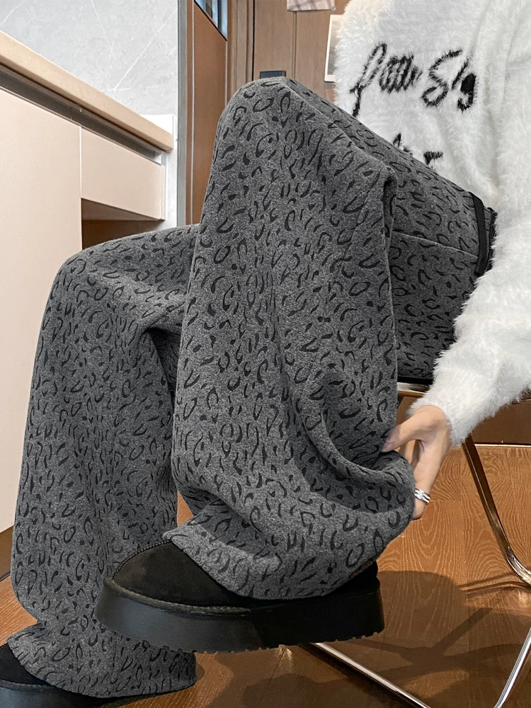 

Свободные широкие мужские повседневные брюки с леопардовым принтом в стиле ретро, зимние модные брендовые тяжелые прямые брюки-трубы для ленивых