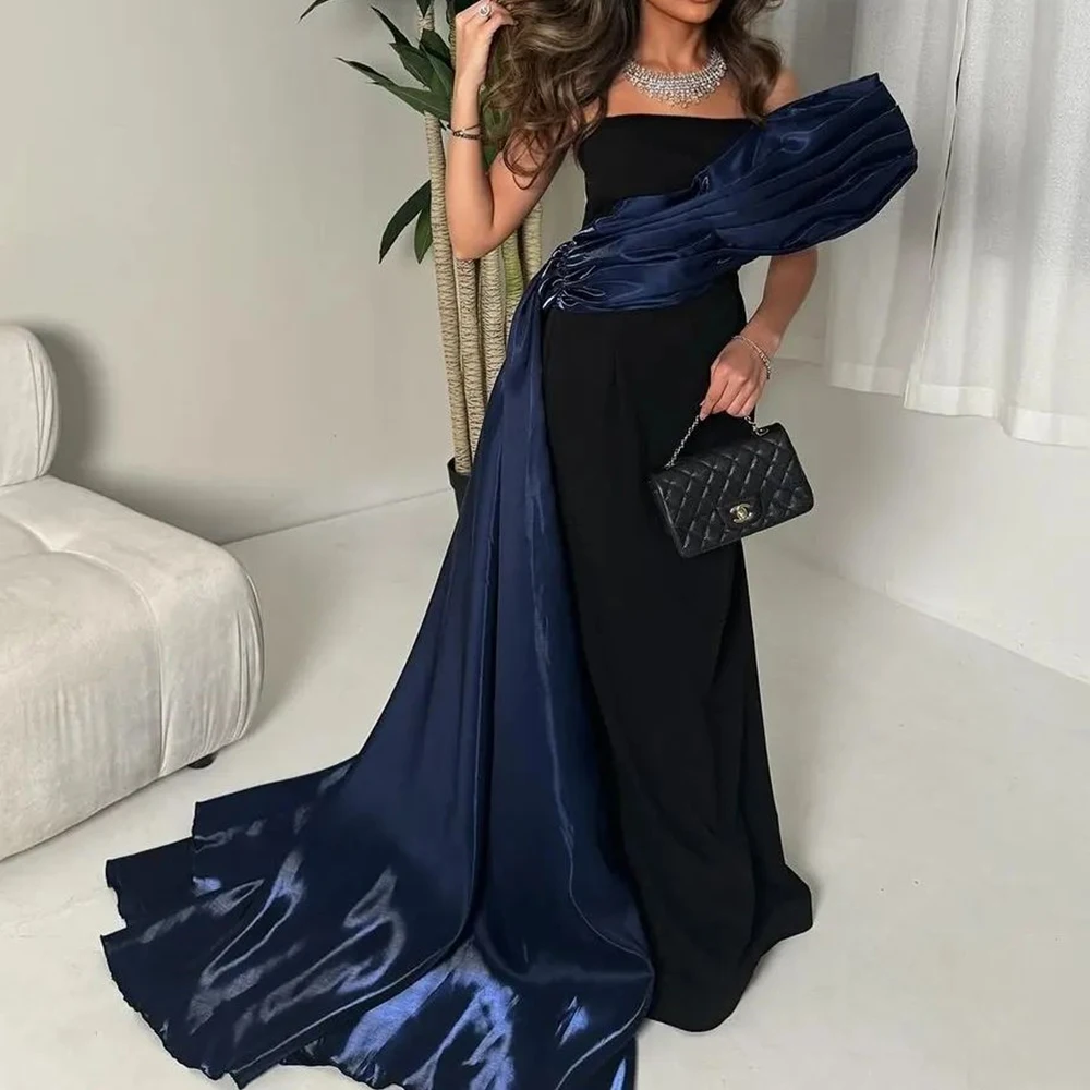 

Customized Jersey Straight Evening Dress Strapless Floor Length Sleeveless Panel Train High Quality Photo Color Prom Gowns