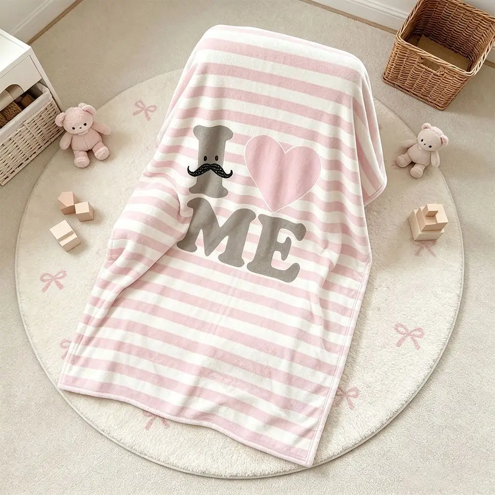 Cute Vintage Japanese Moustache Pattern Blanket, Pink Stripe Flannel Light Thin Air Condition Blanket for Couch Car Travel Nappi
