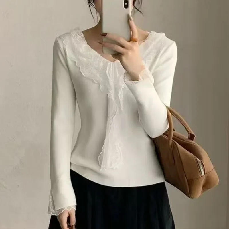 

New Long Sleeve Ruffles Sweaters Knitted Sweater Women Pullovers V-Neck Knit Sweater Pullover Women Tops Sueters De Mujer Q2055