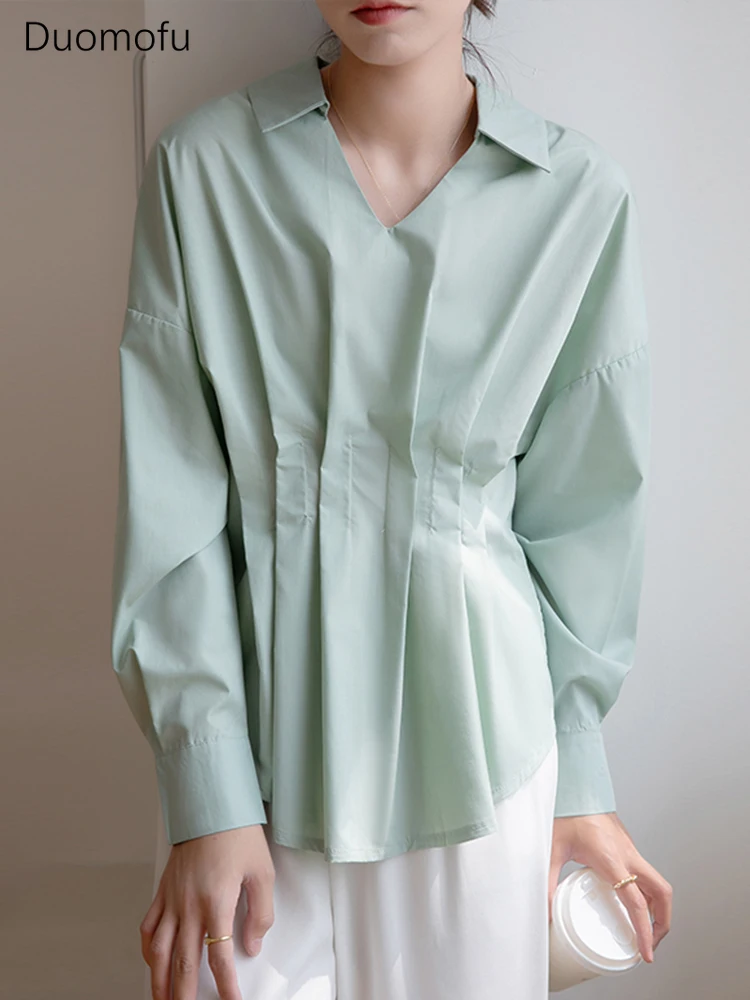 Duomofu Korean Fashion Big Size Pleated Blouse V Neck Plain Light Green Loose Casual Long Sleeve Drop Shoulder Shirt Tops Office