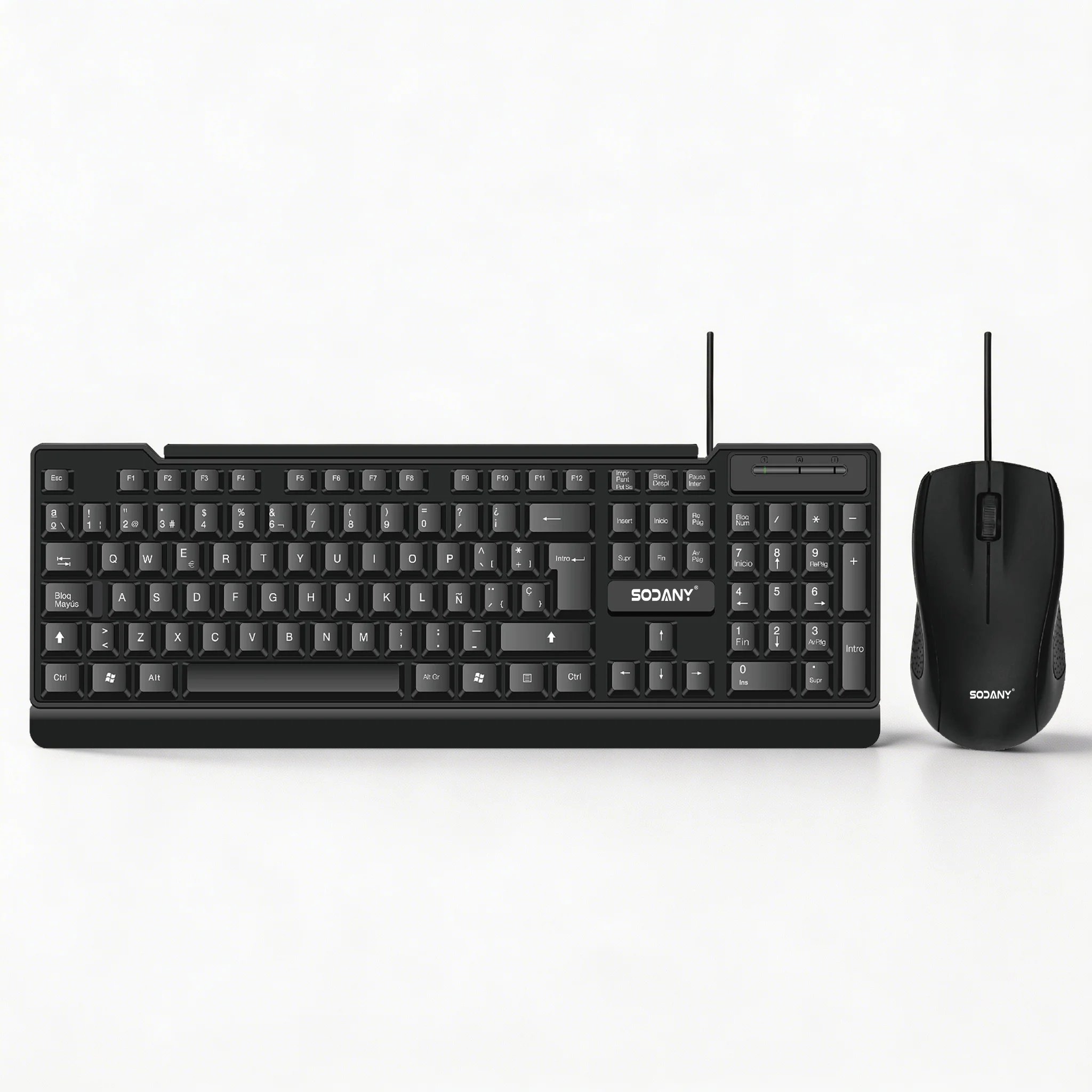 SODANY Pack Teclado Español y Ratón con Cable USB, Ergonómico, Teclas Silenciosas, Resistente a Salpicaduras, 1600 DPI