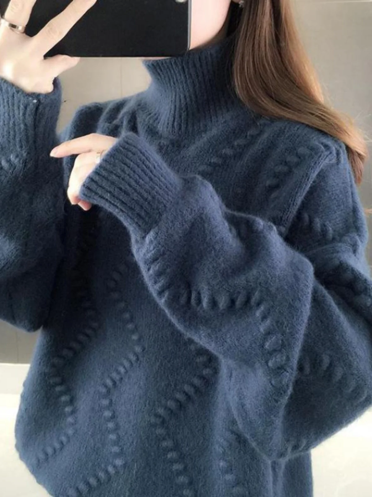 korean-sle-pure-color-wave-pattern-thiened-high-collar-ladies-sweater-winter-new-lazy-knitted-irt-women's-faion-acces