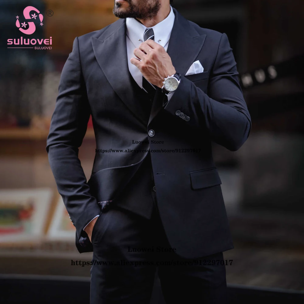 Fashion Big Peaked Lapel Suits For Men Slim Fit 3 Piece Jacket Vest Pants Set Office Business Blazer Formal Groom Wedding Tuxedo