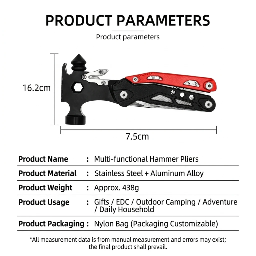 YGTITAN Spot fire hammer outdoor vehicle emergency combination hammer pliers multi-functional claw hammer portable folding tool