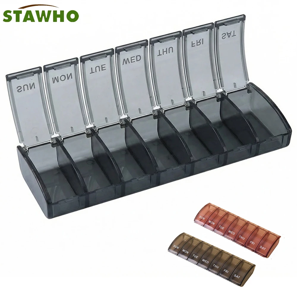 STAWHO Wöchentlicher Pillenorganizer, BPA-freie Reise-Pillendose für 7 Tage mit Federmechanismus und großem Fach für Vitamine