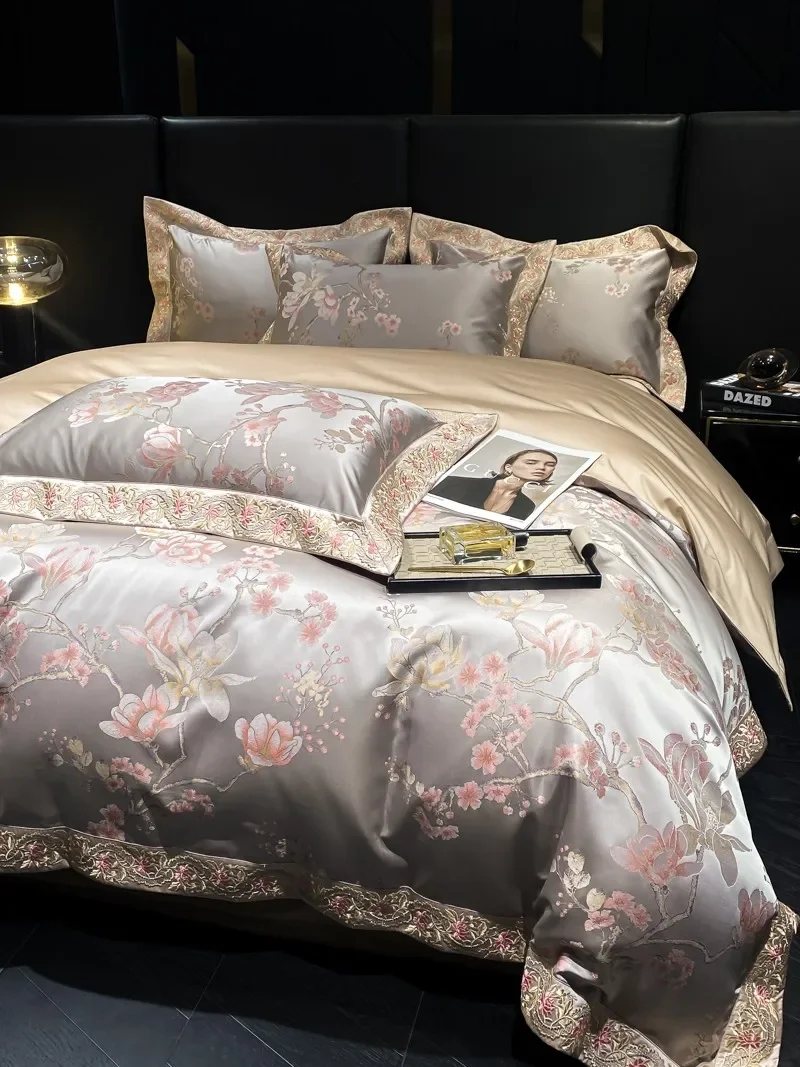 Double Queen King size Embroidery Cotton Sateen Luxury Neoclassical Jacquard Flowers Duvet Cover Flat/Fitted Sheet 2 Pillowcases