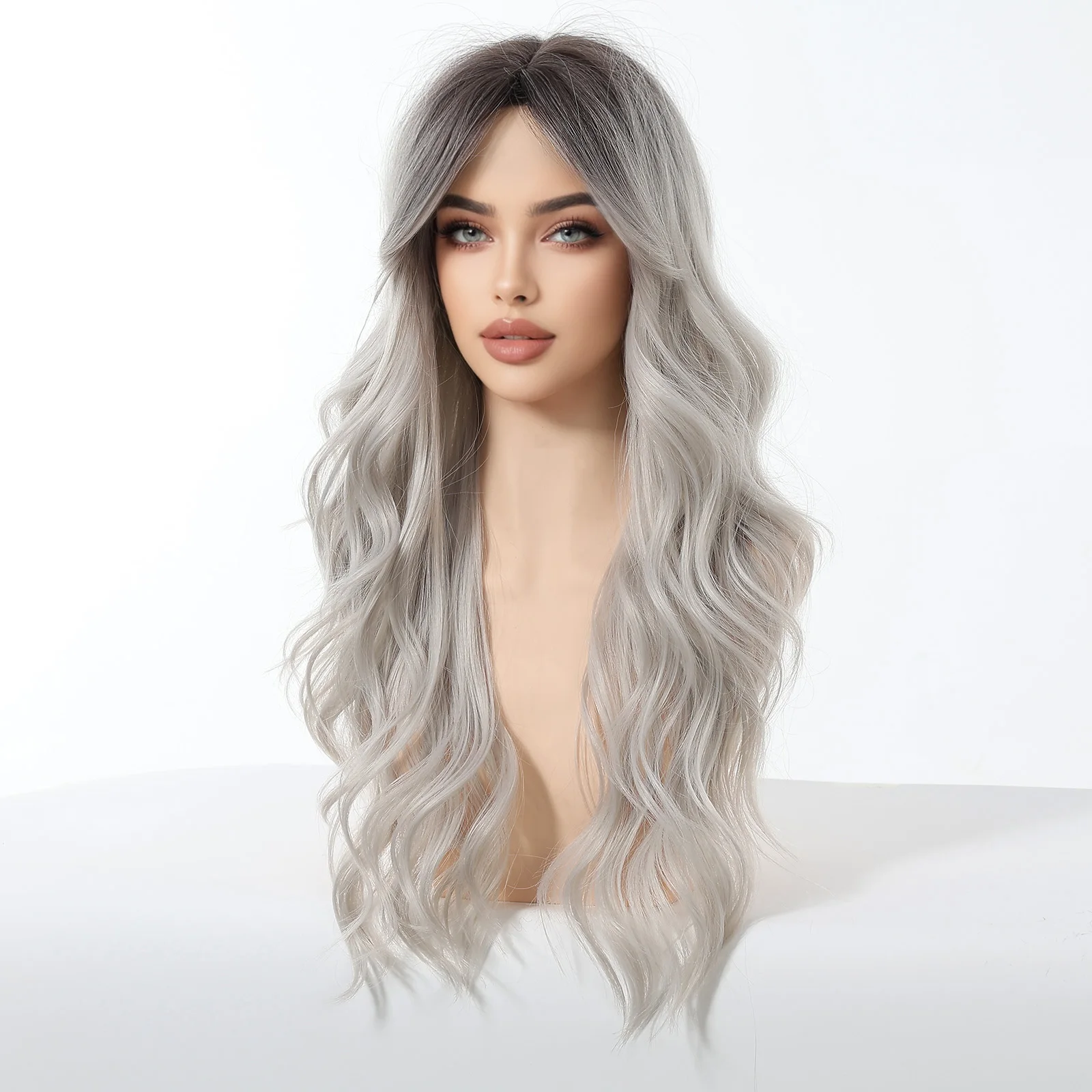 Allbell Magique – perruques synthétiques grises ombrées avec frange latérale pour femmes, faux cheveux naturels ondulés en Fiber résistante à la chaleur pour Cosplay de fête
