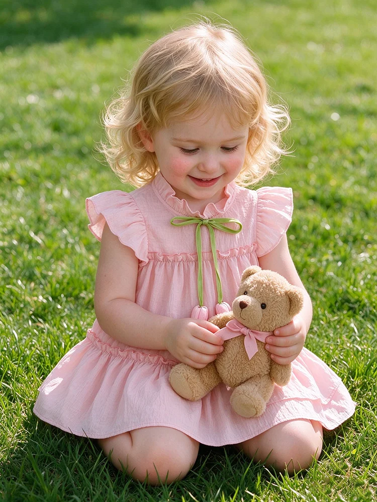 0-4 Y Baby Girls Solid Color Flying Sleeves Tulip Dress Fashion Summer Thin Soft Children Clothing Toddlers' Skin-friendly Wear