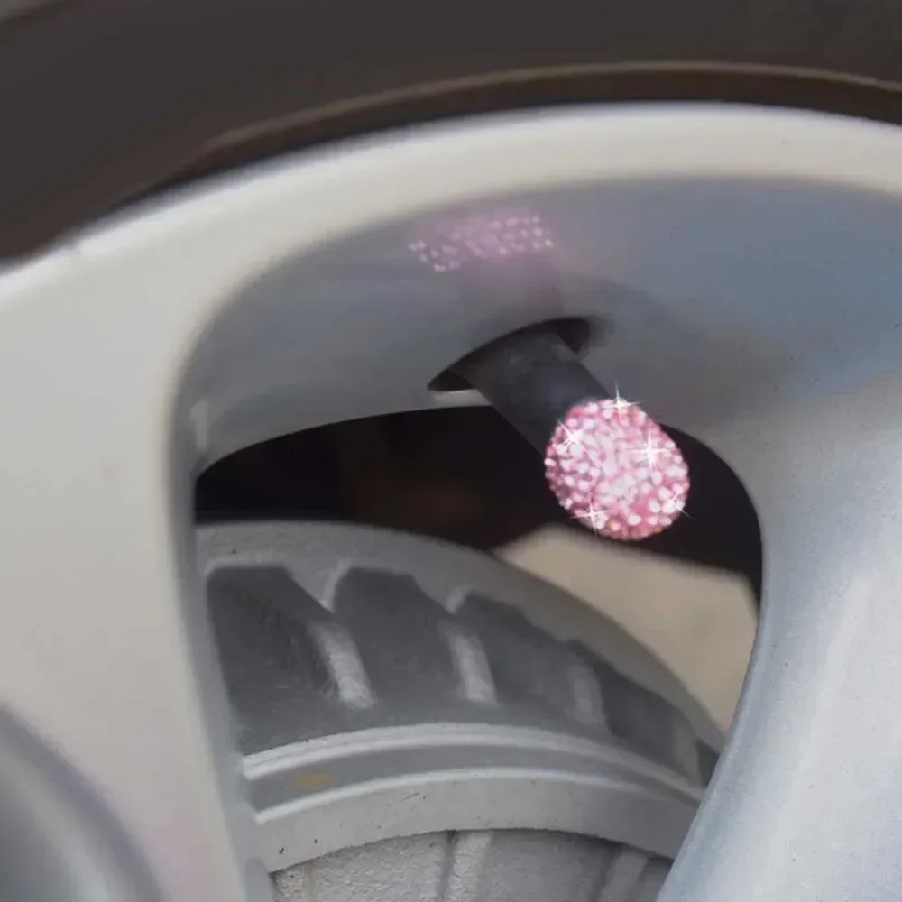 4pcs Universal Car Tire Air Sealing Cap Anti-Rust Dust-Proof Valve Cap Clay + Rhinestone Pink Tire Valve Stem Caps Sparkling
