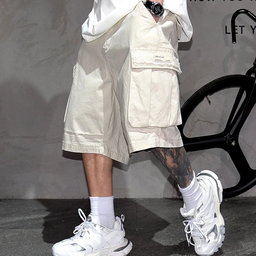 Mens Summer Cargo Shorts Premium Heavyweight Streetwear Hip Hop Skateboard Korean Style Straight Leg 5-Inch Casual Large Pockets